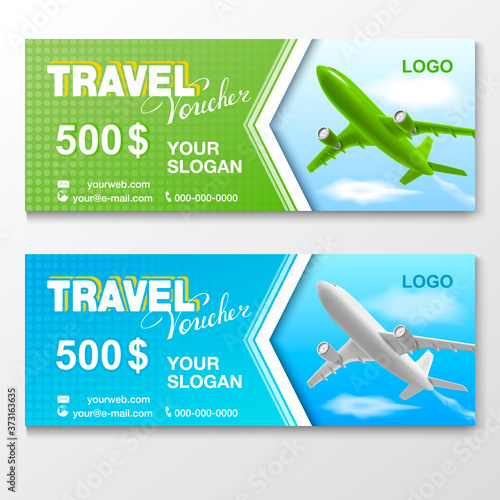 Gift Travel Vouchers in different color  design with flying green and white airplanes. Concept for summer vacation, travel agency and sale ticket. Vector illustration