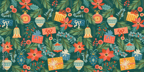 Christmas and Happy New Year seamless pattern. Trendy retro style. Vector design