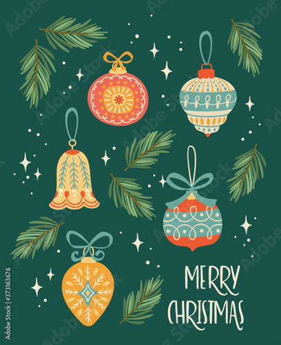 Christmas and Happy New Year illustration with Christmas decorations.