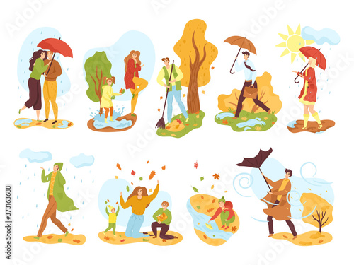 People in autumn season set of isolated vector illustrations. Men and women in fall outdoor under rain with umbrella, in autumnal park, kids playing with autumn leaves. Windy weather.
