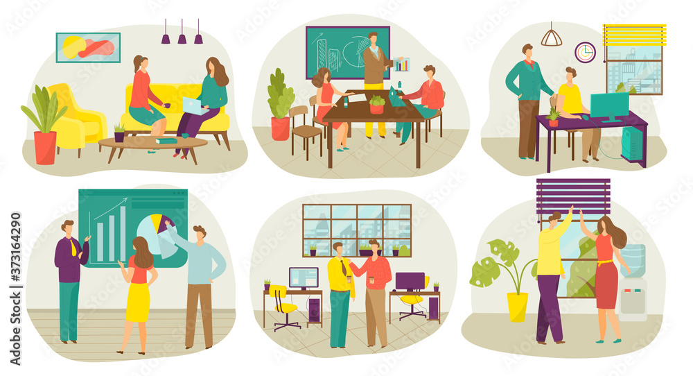 Business team work meeting, teamwork in office brainstorming and planning, set of vector illustrations. Businessmen working in office, strategy discussion, communication. Workers with laptop.