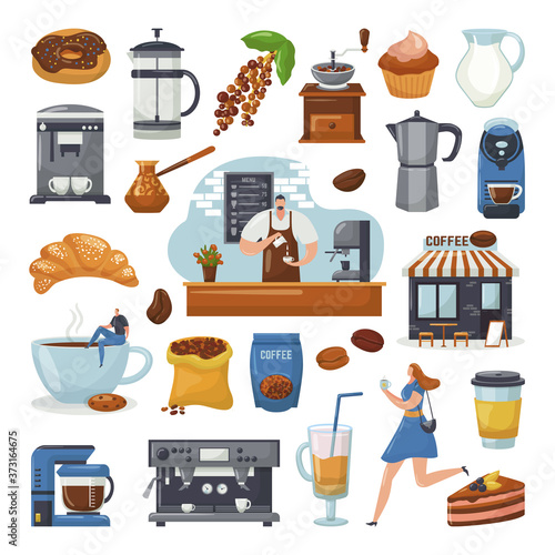 Coffee shop icons and coffee maker machine, coffegrinder, barista, mug elements for cafe, set of isolated vector illustrations. Pastry, coffeebeans, cup of cappuccino or latte, mocha, coffee mill.