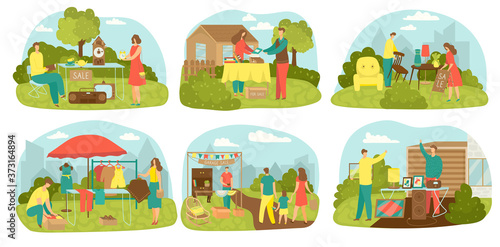 Garage sale old antique goods for yard sale set of vector illustrations. Old vintage objects and furniture for sale at flea market. Used, retro, unwanted items bargain, clothing, vintage furniture.