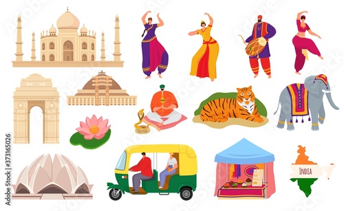 Travel to India, indian landmark tourism set of vector illustrations. Taj mahal building architecture and culture, hindustani people dancers, elephant, map and spices. Traditional indian symbols.