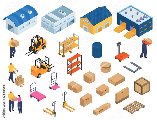 Isometric warehouse, industrial equipment for storage and distribution, set of isolated vector illustrations. Forklifts carrying pallets with boxes, storehouse shelves, warehouse workers, buildings.