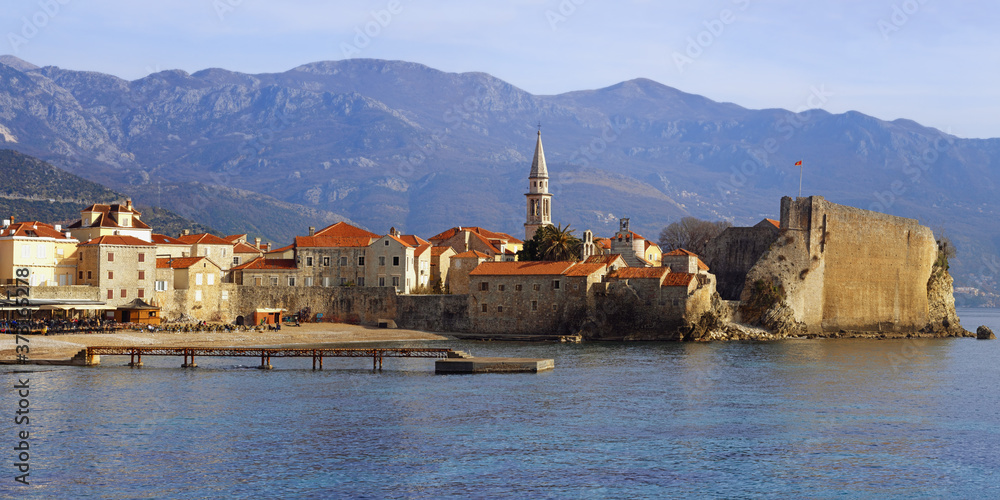 Beautiful winter Mediterranean landscape. Montenegro. Panoramic view of Old Town of Budva