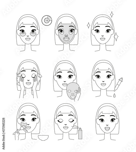 Vector illustration of instruction how to use cosmetic mask. Young woman doing beauty procedures set, line style isolates on white background