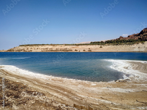 Dead Sea coast in Jordan. White salt crust next to water. Silhouettes of date palms are visible on the opposite bank. Clear blue sky. Theme of travel in Jordan. © Андрей Рыков