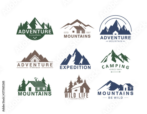 Mountain logo flat vector illustration set. Design element sign logo stamp collection of rocky mountain top peaks, camping outdoor adventure expedition in mountainous landscape, camp life in wild