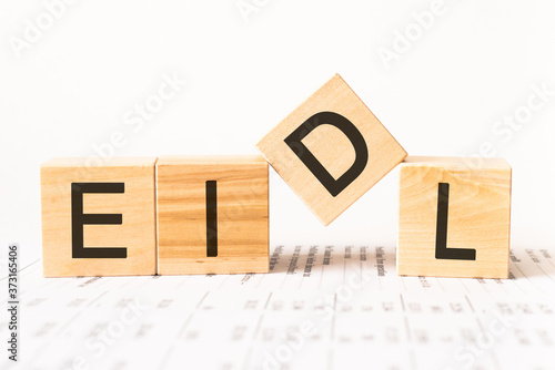 Word EIDL. Wooden small cubes with letters isolated on white background with copy space available.Business Concept image.
