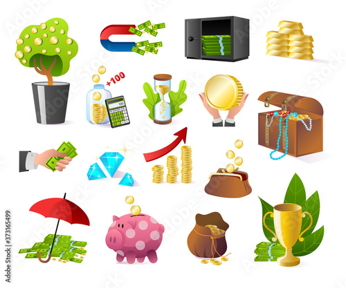 Money banking and finance icons set of isolated on white vector illustrations. Bank, cash, gold bullion and treasure. Money box, currency payment, banked dollars in safe. Exchange, piggy bank.