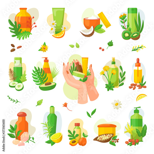 Natural organic cosmetics labels and badges for health care, set of vector il...