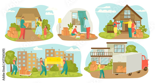 People moving house, new home relocation set of vector illustrations. Family movers with boxes, carrying furniture, containers. Movement to new house with truck transportation, sell house.