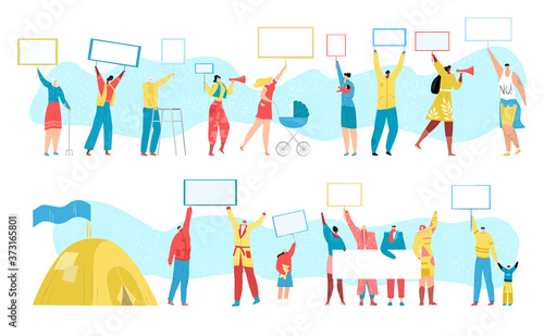 People protest crowd, demonstration, public strike, protesting march with empty banners for your text, set of vector illustrations. Revolution, protesters groups, economic crisis.