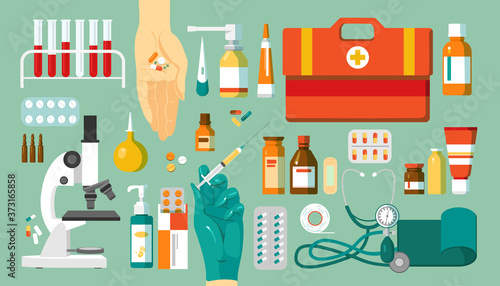 Pharmacy and medications, drugs set of icons, isolated vector illustrations. Medical objects, medicine in pharmaceutics concept. Pills, medicaments, microscope and medics bag, bottles.