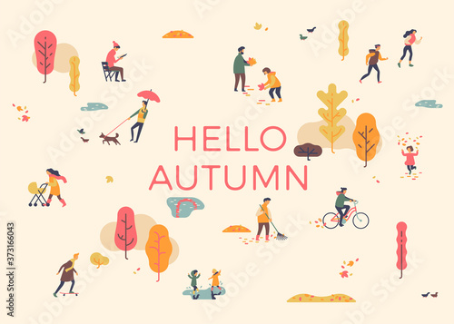 Hello Autumn banner, poster or card template with people enjoying their time outdoors in park, riding bicycle, jogging, walking, collecting leaves, puddle jumping and more