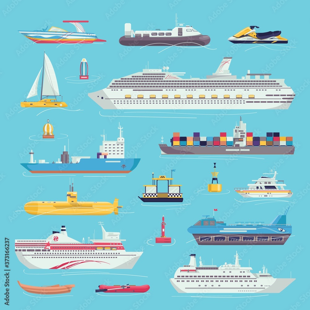 Fototapeta premium Sea transport set of water transportation shipping carriages isolated vector illustrations. Ship, yacht, boat vessel and cargo wherry, hovercraft. Nautical transporting carrier, freight.