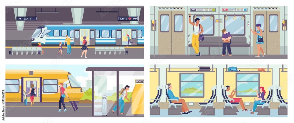 Subway train banners set of scene inside underground train carriage with crowd of sitting and standing passengers vector illustrations. Metro with escalator underground train and subway.
