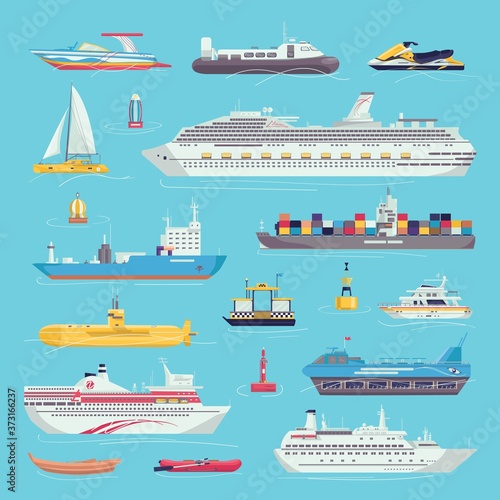 Sea transport set of water transportation shipping carriages isolated vector illustrations. Ship, yacht, boat vessel and cargo wherry, hovercraft. Nautical transporting carrier, freight.