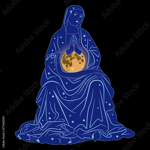 Goddess of night and moon. Virgin Mary as celestial Queen of Heaven. Divine female spirit.