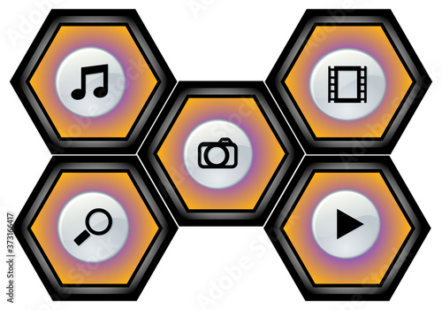 Iconos multimedia  en celdas hexagonales sobre fondo blanco