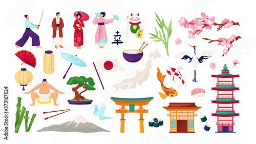 Japan travel and japanese culture set of isolated vector illustrations. Traditional symbols of Japanese architecture, torii gate, sakura, geisha and samurai. Lantern, fuji, sushi and koi carps.