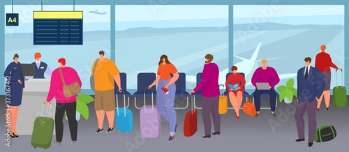 Airport people queue trip with luggage, baggage vector illustration. Tourist group at terminal wait for flight, man woman character passenger in line. Vacation travel with suitcase, airline check.
