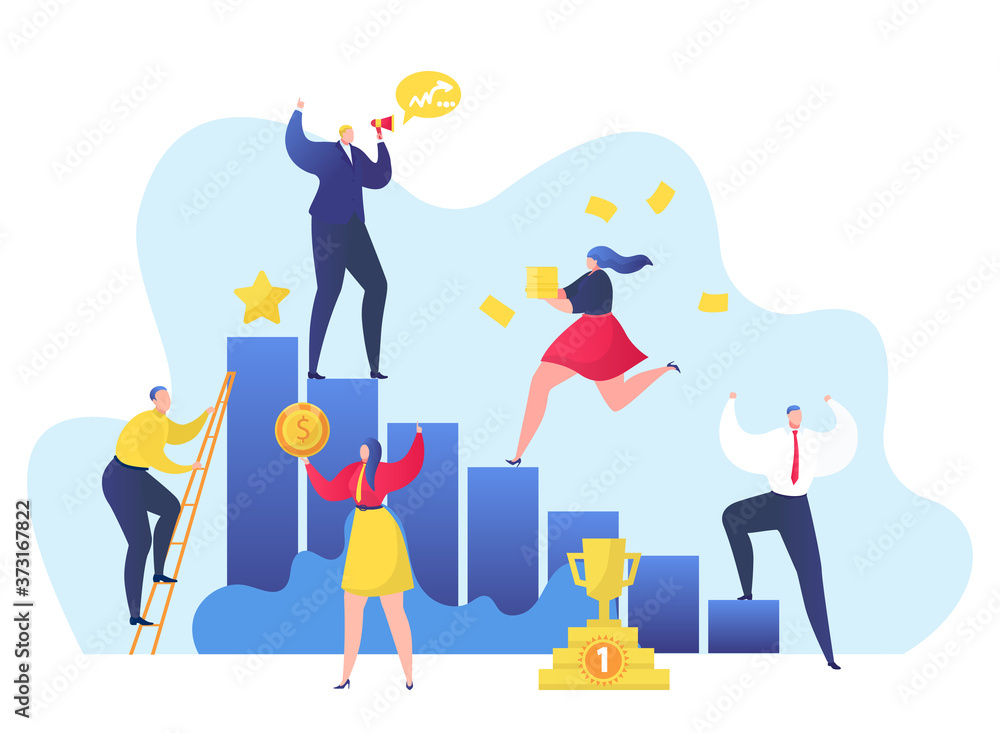 Business teamwork success graph, businessman people concept vector illustration. Man woman character at work growth, career progress background. Cartoon finance design with flat graphic up.