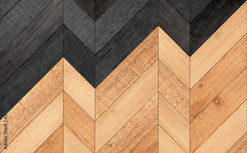 Old wooden wall with zigzag pattern. Brown wooden boards texture. 