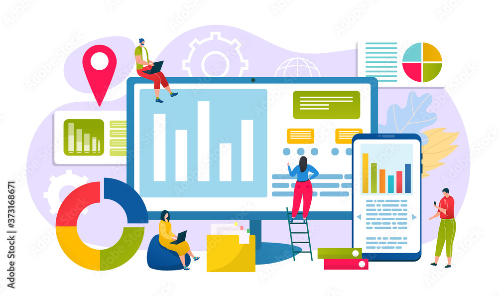 Business people chart analysis concept, vector illustration. Analytics work with graph, financial data and flat marketing technology design. Man woman character near diagram management at computer.