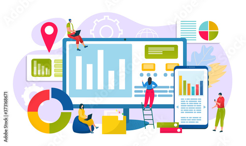 Business people chart analysis concept, vector illustration. Analytics work with graph, financial data and flat marketing technology design. Man woman character near diagram management at computer.