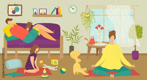 Family man woman people together at home room, vector illustration. Flat person rest at sofa, happy character at house interior. Cartoon couple and kid leisure, father mother relax indoor.