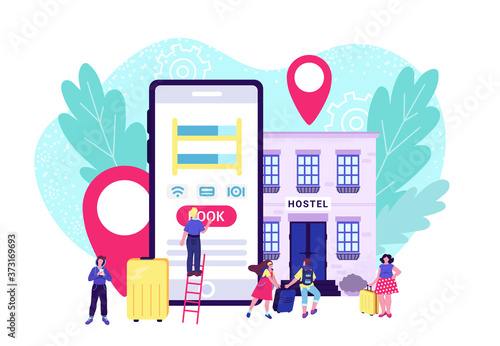 Service for online booking hotel, hostel application technology vector illustration. Flat vacation planning in mobile internet smartphone. People tourist near large phone, digital reservation app.