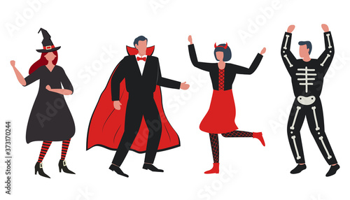 Halloween party. People in Halloween costumes are dancing and having fun. There is a witch, a vampire, an imp and a skeleton in the image. Vector illustration