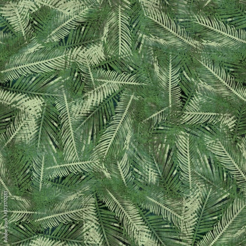Fototapeta Naklejka Na Ścianę i Meble -  Green tropical palm tree leaves seamless pattern. High quality illustration. Vivid, detailed, and highly textured graphic design. Trendy jungle foliage for fabric or repeat surface design.