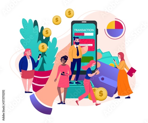 Mobile money payment by smartphone, online finance transaction concept vector illustration. Digital banking pay in internet, flat business transfer bank app. Phone technology for people character.