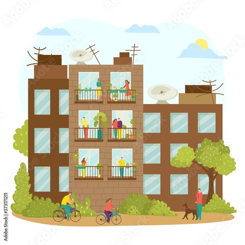 House balcony with woman man character outside, building window at city vector illustrartion. People character home apartment at quarnitine. Cartoon neighborhood through wall, street background.