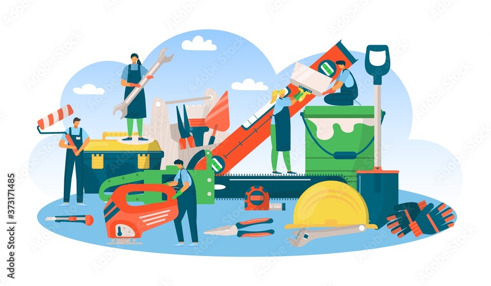 Build flat professional tool concept, man woman people at repair work vector illustration. Cartoon equipment for builder character industry. Engineer occupation service, construction job. Build flat professional tool concept, man woman people at repair work vector illustration. Cartoon equipment for builder character industry. Engineer occupation service, construction job.