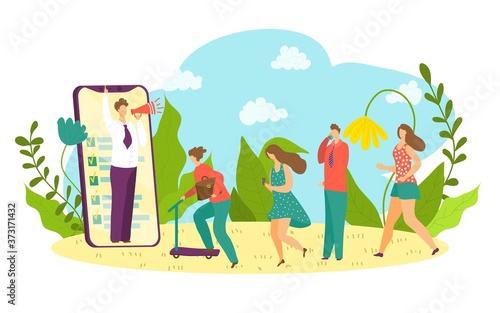 Referral friend marketing at smartphone concept vector illustration. Woman man group character at flat online promotion program. Internet customer, influencer in phone, man advertising and share.