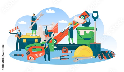 Build flat professional tool concept, man woman people at repair work vector illustration. Cartoon equipment for builder character industry. Engineer occupation service, construction job.