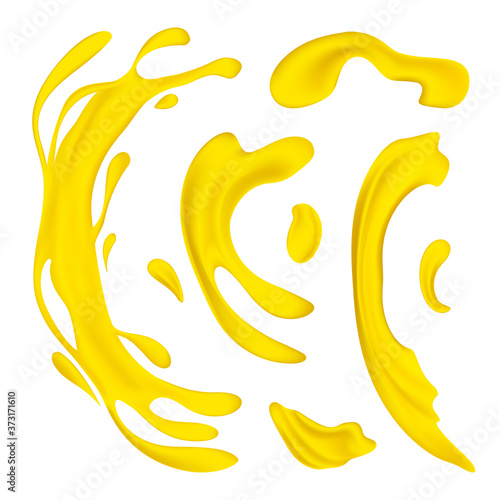 Juice or oil drips and splashes vector set. 3D realistic illustration of the yellow or orange healthy drink, horizontal and vertical splashes or liquid swirls and waves isolated on white background