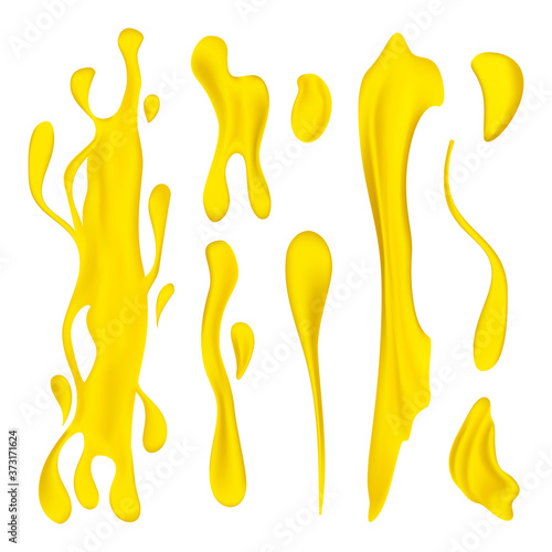Juice or oil drips and splashes vector set. 3D realistic illustration of the yellow or orange healthy drink, horizontal and vertical splashes or liquid swirls and waves isolated on white background