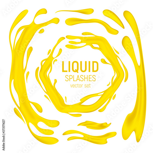 Juice or oil drips and splashes vector set. 3D realistic illustration of the yellow or orange healthy drink, horizontal and vertical splashes or liquid swirls and waves isolated on white background
