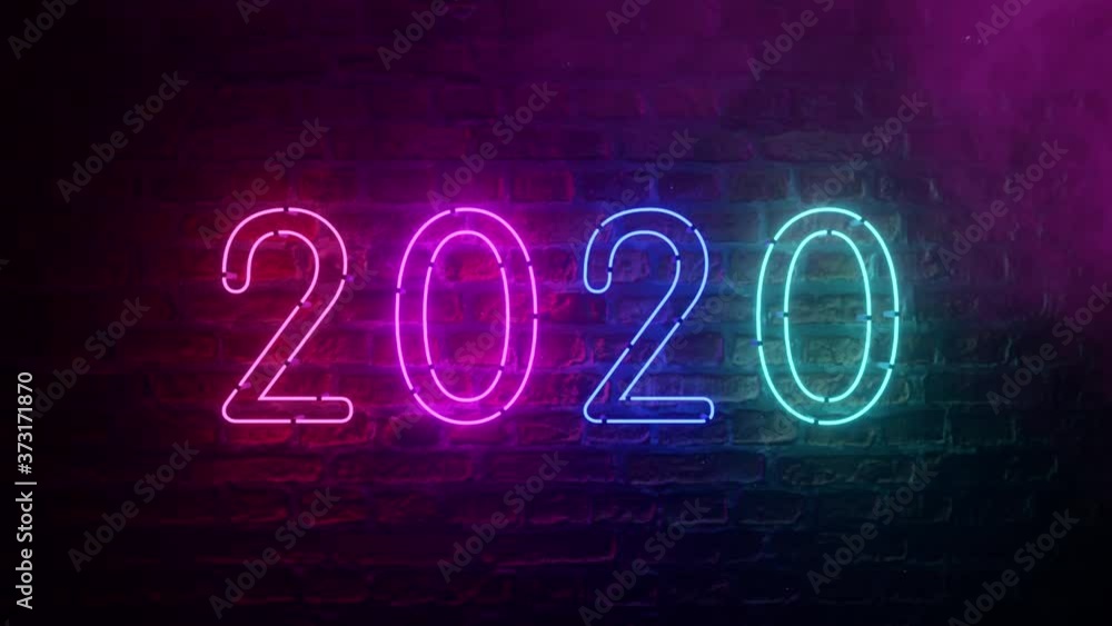 2020 neon sign background new year concept. Happy New Year. Brick background. Modern ultraviolet blue purple neon light. Flicker light 2020 neon sign background new year concept. Happy New Year. Brick background. Modern ultraviolet blue purple neon light. Flicker light