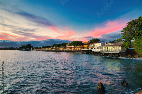 View of Front Street in Lahaina on Maui from the ocean side.