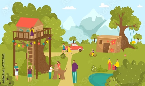 Boy girl children activity at summer tree house, happy childhood at nature park vector illustration. People at house landscape, fun kids near garden wood home. Cartoon play at swing, building.