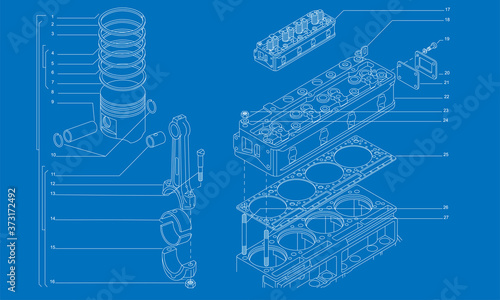 Tech drawing of gas engine