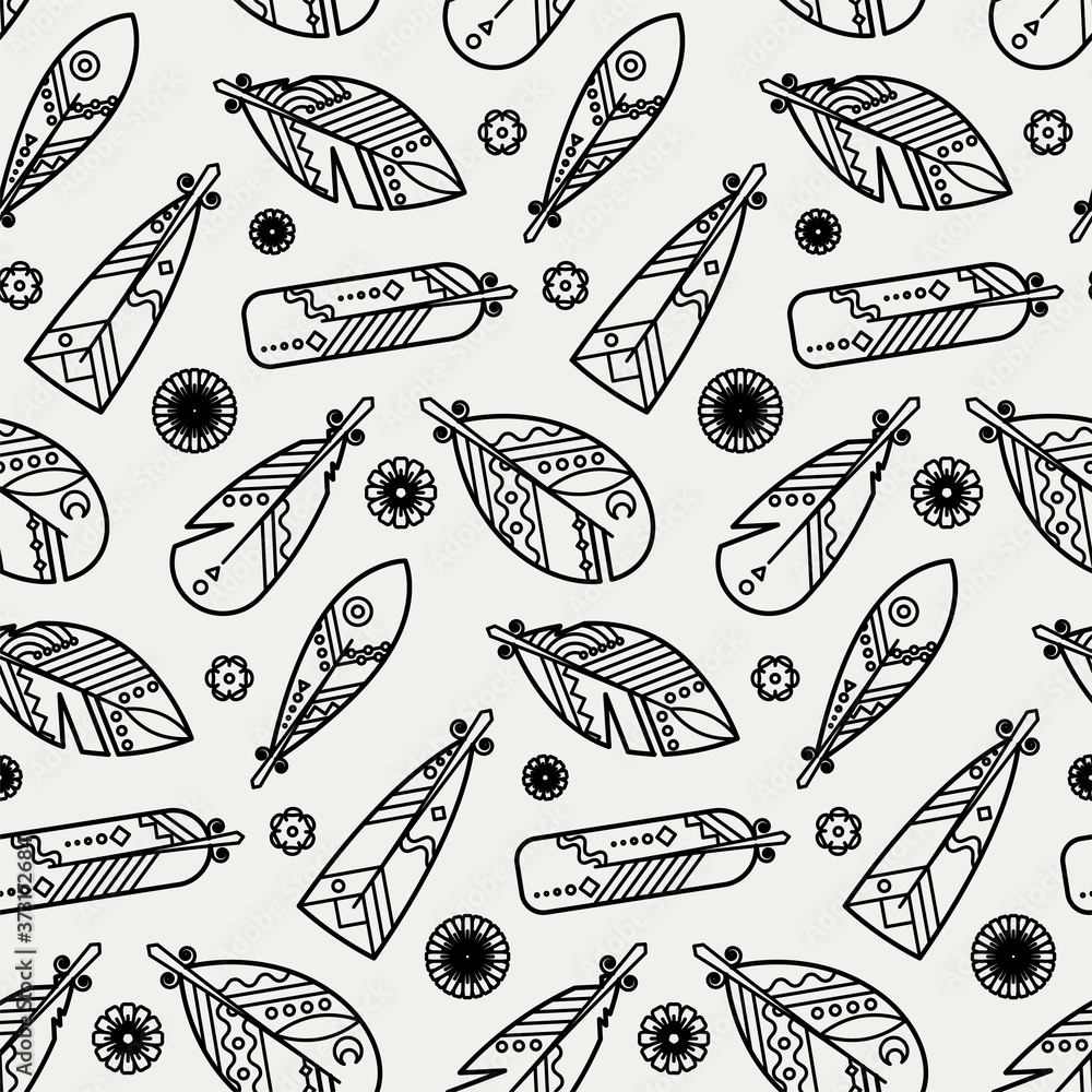 Seamless boho pattern with ethnic tribal feathers, modern vector illustration Seamless boho pattern with ethnic tribal feathers, modern vector illustration