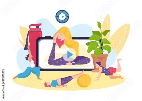 Yoga fitness exercise for pregnant woman, online healthy activity vector illustration. Pregnancy health by sport training lifestyle, mother prenatal workout. Cartoon maternity concept.
