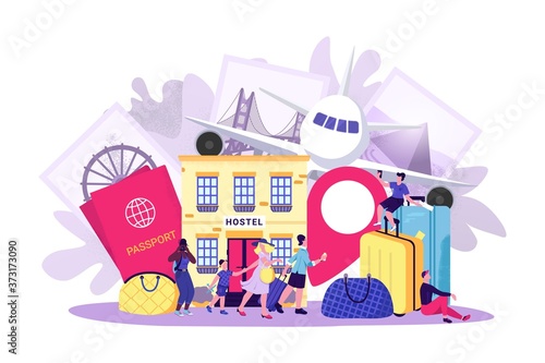 People travel trip, vector illustration. Flat journey tourism, cartoon vacation concept, Woman man tourist character in summer tour. Traveler with luggage, bag and suitcase banner.
